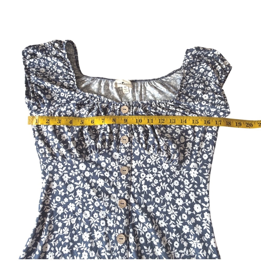 Derek Heart Navy Blue Floral Milkmaid Mini Dress Button Front Ruffle Hem Medium - Picture 7 of 8
